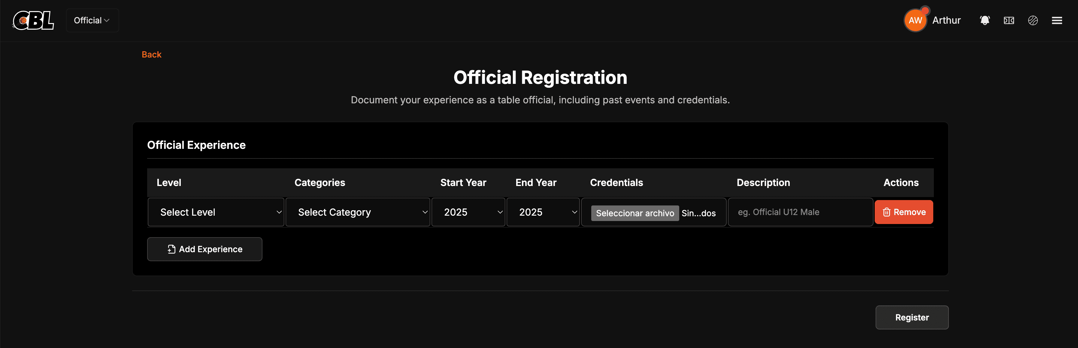 Navigate to Table Official Registration